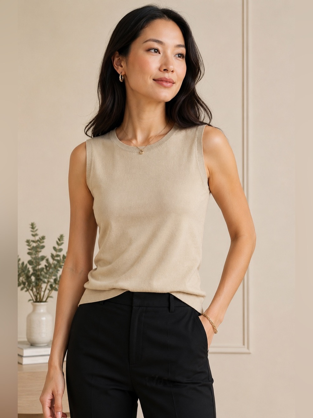 Petite Sophisticate Silk Blend Sleeveless Knit Shell Top Beige SP